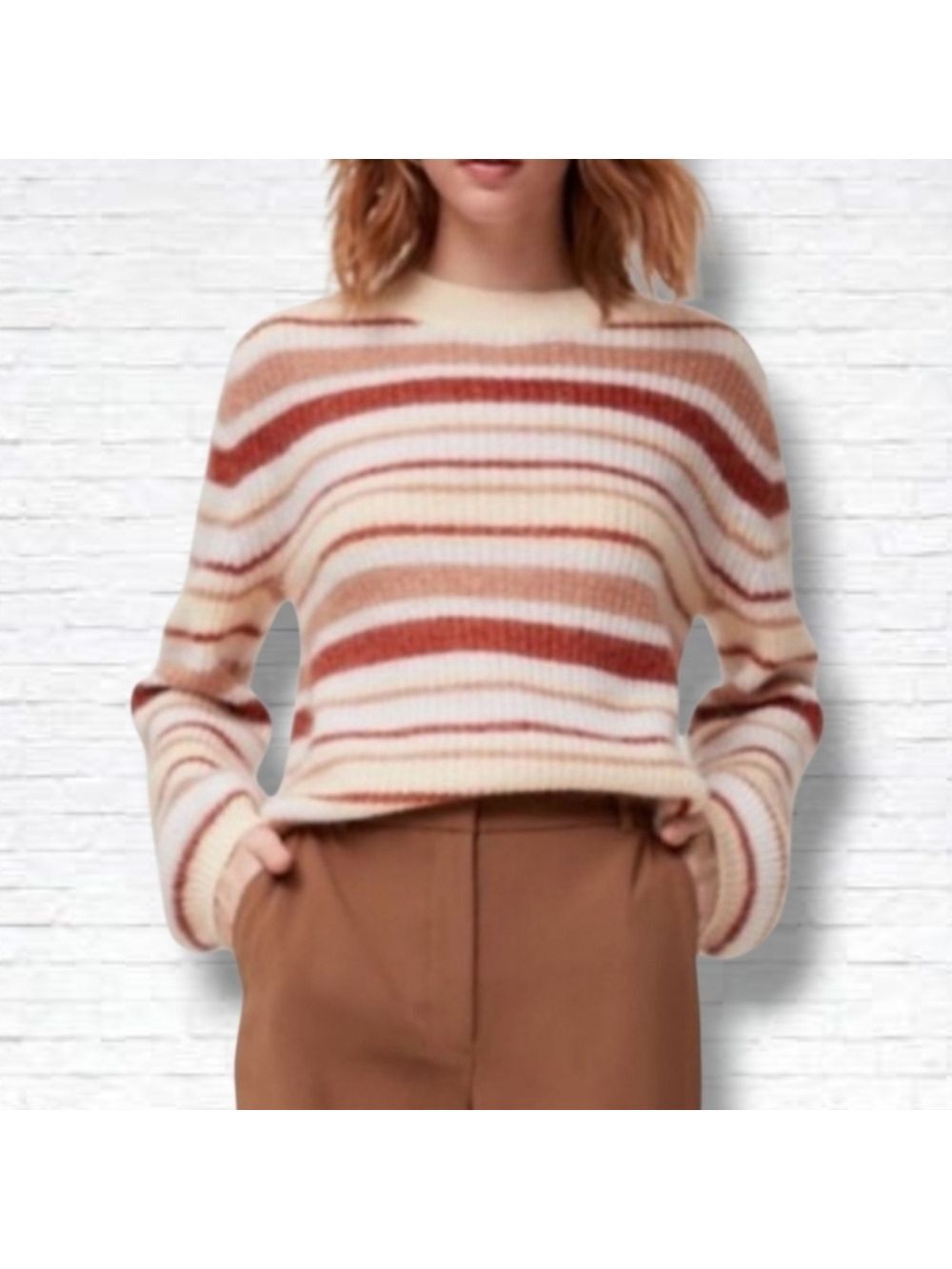 Aritzia Little Moon Gardenia Striped Cream Tan Wool Blend Sweater Size XXS